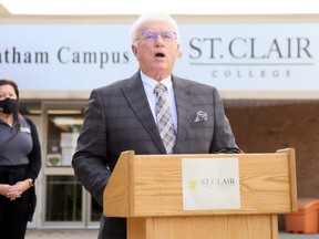 Chatham-Kent-Leamington MPP Rick Nicholls announces $2.49 million in provincial government funding for maintenance and upgrades at St. Clair College at the Chatham campus in Chatham, Ont., on Friday, Nov. 20, 2020. (Mark Malone/Chatham Daily News)