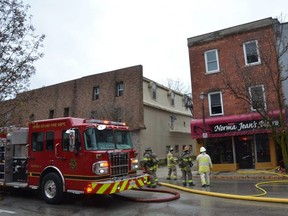 Firefighters at the scene of the downtown Owen Sound apartment fire on Monday, November 16, 2020.