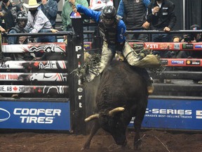 Dakota Buttar (seen here) in PBR Canada Monster Energy Tour Finals action on Thursday night at Revolution Place. Buttar won the PBR Canada Championship on Saturday night, earning 471.50 points this season. Zane Lambert (Ponoka) was second with 231.33 points and Brock Radford (Dewinton) was third with 230.50 points.