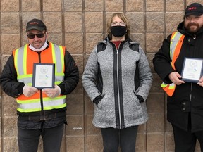 Patrick Philippe, left, and Daniel Michel, right, were this year's recipients of the Harold Beatty Award from Community Living Timmins. The two are seen here with Valerie Toner, Harold Beatty Award Committee Member.

Supplied