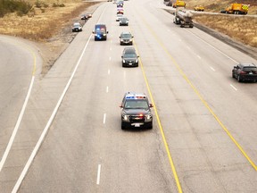 A procession that included the hearse carrying police constable Marc Hovingh’s body travelled from Toronto to Manitoulin Island on Nov. 23. The procession travelled along Highway 69 at Estaire, before turning onto the Trans-Canada Highway. Hovingh, 52, was killed in the line of duty on Nov. 19 while responding to a call in the Gore Bay area. He leaves behind his wife, Lianne, and their four children. A civilian was also killed in the tragic incident. Mary Katherine Keown/The Sudbury Star