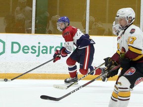 Rayside-Balfour Canadians defenceman Graeme Siren (43) rushes the puck during first-period NOJHL action at Chelmsford Arena in Chelmsford, Ontario on Sunday, November 15, 2020.