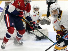 Timmins Rock goalie Tyler Masternak (35) keeps an eye on the play during NOJHL action against the Rayside-Balfour Canadians at Chelmsford Arena in Chelmsford, Ontario on Thursday, November 19, 2020.