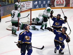 The Fort McMurray Oil Barons celebrate after scoring a goal against the Drayton Valley Thunder at Centerfire Place in Fort McMurray on Saturday, November 14, 2020. Vincent McDermott/Fort McMurray Today/Postmedia Network
