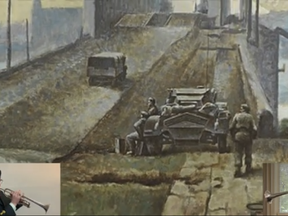 Master Cpl. Jonathan Elliotson, bottom left, the principal trumpet for Kingston Symphony, and Arthur Kerklaan, principal trumpet of Sinfonia Rotterdam, perform in the Kingston Symphony's video performance of the second movement of local composer Dean Burry's "Tracing Colville." The video features artwork by Canadian painter Alex Colville. (Supplied Photo)