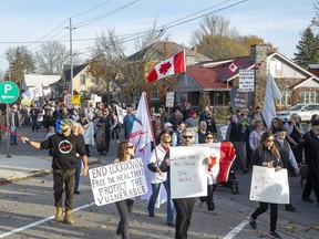 Police estimate between 1,700 and 2,000 people gathered to protest public health measures to control the coronavirus Saturday in Aylmer. (Derek Ruttan/The London Free Press)