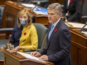 Ontario Finance Minister Rod Phillips delivers the Provincial Budget in the Ontario Legislature in Toronto on Thursday November 5, 2020. THE CANADIAN PRESS/Frank Gunn
