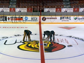 City staff paint the centre-ice logo inside the Harry Lumley Bayshore Community Centre ahead of the 2019-20 season.