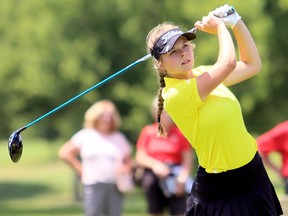 Taylor Kehoe of Strathroy, tees off on the 15th hole at the Ontario junior girls' golf championship at Maple City Country Club in Chatham on Thursday, July 12, 2018. (Mark Malone/Postmedia Network)