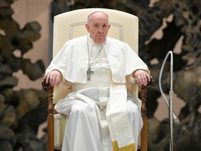 Pope Francis attends the weekly general audience in Aula Paolo VI at the Vatican, October 28, 2020. (Vatican Media/Handout via REUTERS)