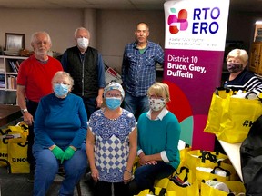 Retired teachers helped pack 72-hour emergency kits for distribution by the Lion's Head food bank recently. From the left, front row, Sharron Colter, Darlene Myles, Jan Kerr, Lynda Monck. Back row: Malcolm Beddoe Don Colter, Hank Mast. (Supplied photo)