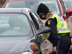 Greater Sudbury Police, Ontario Provincial Police and railway police, along with community partners, participated in a spot-check at the launch of the Festive Reduce Impaired Driving Everywhere (R.I.D.E.) Campaign in Sudbury, Ont. on Friday November 27, 2020.