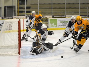 The Spruce Grove Saints lost a close 5-4 battle against the Grande Prairie Storm Saturday night at the Grant Fuhr Arena. It was the Saints first loss of the AJHL regular season. Photo by Kristine Jean