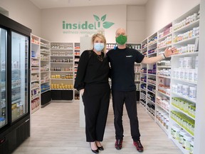 Inside U Wellness has opened a micro location in Tillsonburg at Spa Marché, 518 Broadway. Inside U Wellness owner Dave Nelson, right, proudly displays his Tillsonburg wares, with Spa Marché owner Mandy McLaughlin. (Chris Abbott/Norfolk and Tillsonburg News)