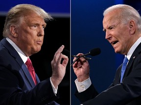 This combination of file pictures created on October 22, 2020 shows U.S. President Donald Trump and Presidential candidate Joe Biden during the final presidential debate at Belmont University in Nashville, Tennessee, on October 22, 2020.