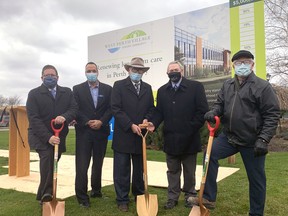 The official ground breaking for the new $24-million, 128 long-term care bed West Perth Village was held Nov. 16 on the front lawn of the Ritz Lutheran Villa, with MP John Nater (left), Administrator Jeff Renaud, MPP Randy Pettapiece, West Perth Mayor Walter McKenzie and Board Chair David Murray on hand for the celebration. Work actually began on the multi-millon dollar facility Nov. 4 and is expected to be completed in the fall of 2022. ANDY BADER/MITCHELL ADVOCATE