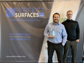 Company president and vice president Darcy Richards and Cory Heikamp of Perfect Surfaces were recognized to be one of Canada's fastest growing companies. Submitted