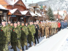 Soldiers from the Canadian Armed Forces march at the Remembrance Day services in Banff on November 11, 2019. The annual Remembrance Day parade down Banff Avenue would normally have large crowds watching on, showing their respect for members who serve in the Canadian military and British Forces, RCMP, Cadets, Girl Guides and other local authority. There will be no parade this year. Photo Marie Conboy.