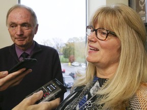 Hastings County long-term care director Debbie Rollins and committee chair Paul Jenkins answer reporters' questions Oct. 31, 2019 in Belleville after calling for more funding for personal care. Nearly one year later to the day, the Ontario government announced funding, though it will take years to arrive in full.
