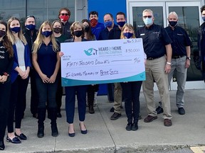 The family of the late Peter Smith gathered with the staff at Peter Smith GM in Belleville last Thursday to present a $50,000 donation to Hospice Quinte's Heart & Home Building Campaign for the new Hospice Quinte Care Centre.
SUBMITTED PHOTO