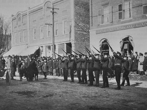 Prepared to defend life and liberty, Norwood recruits demonstrate some of their training for village residents before leaving to join the 21st Batt. C.E.F. Kingston on October 27, 1914. A public gathering to Òsee our brave men off and wish them wellÓ was held on the street in the centre of town before their departure.
SUBMITTED PHOTO