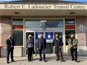 Renovations at the Robert E. Ladoucier Transit Centre on Pinnacle Street are now complete. Pictured from the left are: Transportation and Operations General Manager Joe Reid, Veronica Leonard, member of Transit Advisory Committee, Councillor Bill Sandison, Transit Manager Paul Buck and Councillor Chris Malette.
MARILYN WARREN PHOTO