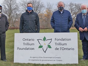 Batawa Lions Club President Jeffrey Moorhouse (second from left) joined Lion Rene Lefort, Bay of Quinte MPP Todd Smith and Quinte West Mayor Jim Harrison to show off the work done by the Lions Club on its newest outdoor rink, thansk to the help of a $140,000 capital grant from the Ontario Trillium Foundation. SUBMITTED PHOTO