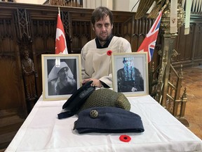 Kalvin Clark, archivist at Grace Anglican Church, with a display commemorating the sacrifices during the First World War of Katherine Maud Macdonald, a nursing sister from Brantford killed during an air raid, and Albert Speechly, who was killed in action. Both were church members.