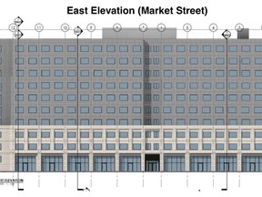 A drawing shows the Market Street elevation of a 10-storey mixed used building proposed to be built on a site bounded by Market, Chatham and Nelson streets.