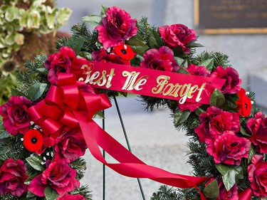 One of several wreaths laid by dignitaries at the Brant County War Memorial in downtown Brantford on Wednesday morning. Brian Thompson/Brantford Expositor/Postmedia Network