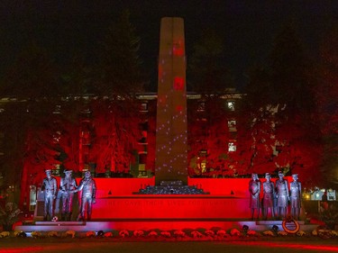 City of Brantford staff illuminated the Brant County War Memorial in downtown Brantford on Tuesday evening to honour the men and women who sacrificed so much for the freedom we enjoy today. Brian Thompson/Brantford Expositor/Postmedia Network
