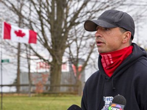 Skyler Williams, spokesperson for the 1492 Landback Lane protesters in Caledonia, speaks to reporters on Friday.