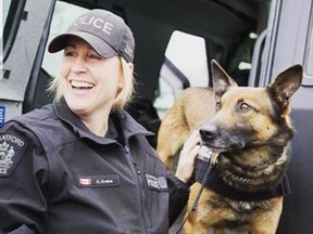 Brantford police service dog Scout has retired and is living with his handler, Sgt. Kari Drake.