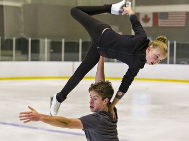 National novice champions (2019) Lily Wilberforce and Aidan Wright practise at the Wayne Gretzky Sports Centre in Brantford, Ontario on Tuesday November 17, 2020. The pair have moved up to the junior division. Brian Thompson/Brantford Expositor/Postmedia Network