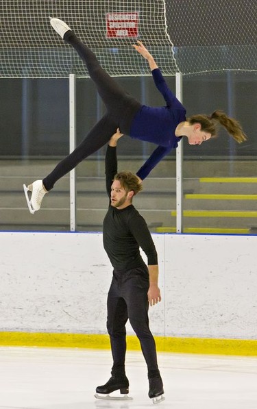 Evelyn Walsh and her partner Trennt Michaud practise at the Wayne Gretzky Sports Centre on Tuesday November 17, 2020 in Brantford, Ontario. The pair placed second at nationals in 2019. Brian Thompson/Brantford Expositor/Postmedia Network