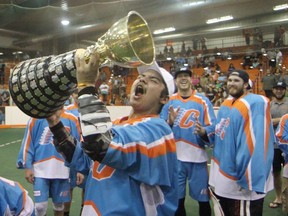 The Six Nations Chiefs, shown celebrating their Mann Cup victory in 2018, plan to play the 2021 Major Series Lacrosse season but are concerned about the future of their team and league.