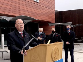 Leeds-Grenville-Thousand Islands and Rideau Lakes MPP Steve Clark announces more than a million dollars in new funding for Brockville General Hospital on Tuesday afternoon, while United Counties of Leeds and Grenville Warden Pat Sayeau, Brockville Mayor Jason Baker and MP Michael Barrett listen. (RONALD ZAJAC/The Recorder and Times)