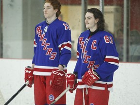 Jared Fenlong and Brody Ranger hit the ice for what ended up being South Grenville's final home game of 2019-2020 before the COVID-19 pandemic brought an abrupt end to the playoffs in March. The National Capital Junior Hockey League is seeking approval to proceed with a no-contact regular season.
File photo/The Recorder and Times