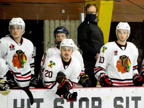 The Brockville Braves bench during a recent scrimmage with the Cornwall Colts at the Memorial Centre. (FILE PHOTO)