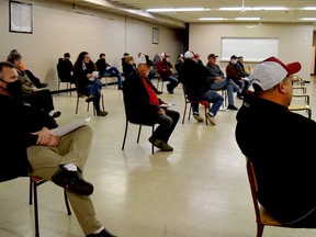 A public meeting to discuss the possible privatization of the Athens Aeros Junior Hockey Club is held upstairs at Centre 76 on Monday evening. Audience members and township officials were spaced apart as part of COVID-19 measures; spectators are not permitted in the rink.(TIM RUHNKE/The Recorder and Times)