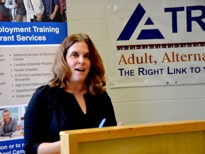 North Grenville Mayor Nancy Peckford speaks at a lease-signing event at the Kemptville Campus on Wednesday.