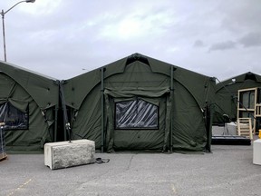 Tents set up in the west-end industrial park are meant as a simulation of a COVID field hospital, says Weatherhaven, the company that installed them. (RONALD ZAJAC/The Recorder and Times)