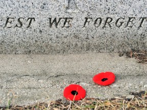 Poppies are laid at the foot of a monument in tribute to Remembrance Day.