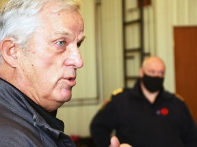 Retired Brantford fire captain John Gignac, front, joined Chatham-Kent Fire & Emergency Servies Chief Chris Case in discussing the importance of having working carbon monoxide detectors in your home during his visit to Chatham-Kent on Tuesday. (Tom Morrison, Postmedia Network)