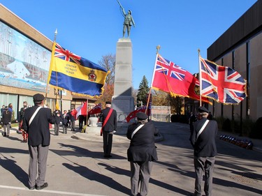 The Royal Canadian Legion Br. 642 Colour Guard prepares for the beginning of the Remembrance Day service held at the cenotaph in downtown Chatham on Wednesday. Ellwood Shreve/Chatham Daily News/Postmedia