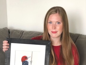 Olivia Wright, of Brinston in South Dundas, with her watercolour painting of a Redheaded Woodpecker, donated to SNC to help raise money for tree planting. Handout/Cornwall Standard-Freeholder/Postmedia Network

Handout Not For Resale
