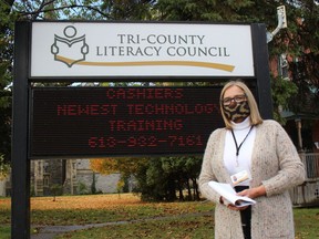 Instructor Debbie Gareau, in front of the Tri-County Literacy Council electronic message board in an Oct. 7, 2020 photo.Photo in Cornwall, Ont. Todd Hambleton/Cornwall Standard-Freeholder/Postmedia Network
