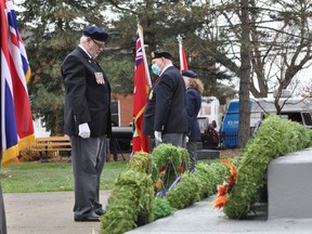Cornwall Royal Canadian Legion Branch 297 President Marvin Plumadore observes a moment of silent after laying a wreath at the Cenotaph on Wednesday November 11, 2020 in Cornwall, Ont. Francis Racine/Cornwall Standard-Freeholder/Postmedia Network