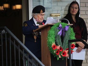 Elsie Kyer, 102, reads The Act of Remembrance poem, at the Remembrance Day ceremony held at Lahaie & Sullivan Cornwall Funeral Home. Photo on Wednesday, November 11, 2020, in Cornwall, Ont. Todd Hambleton/Cornwall Standard-Freeholder/Postmedia Network