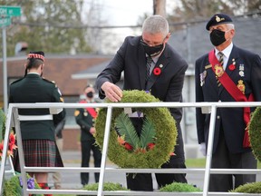 SDG Counties Warden Frank Prevost lays a wreath at the Lancaster Remembrance Day ceremony. Photo on Wednesday, November 11, 2020, in Lancaster, Ont. Todd Hambleton/Cornwall Standard-Freeholder/Postmedia Network